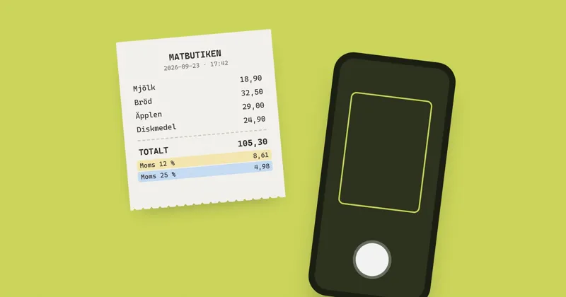 Tecknat matkvitto med rader för 12 och 25 procents moms, och en telefon som fotar det