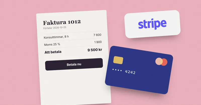 Tecknad faktura med en knapp där det står Betala nu, ett betalkort och Stripes logga