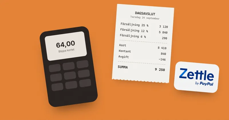 Tecknad kortläsare, ett dagsavslut per momssats och Zettles logga