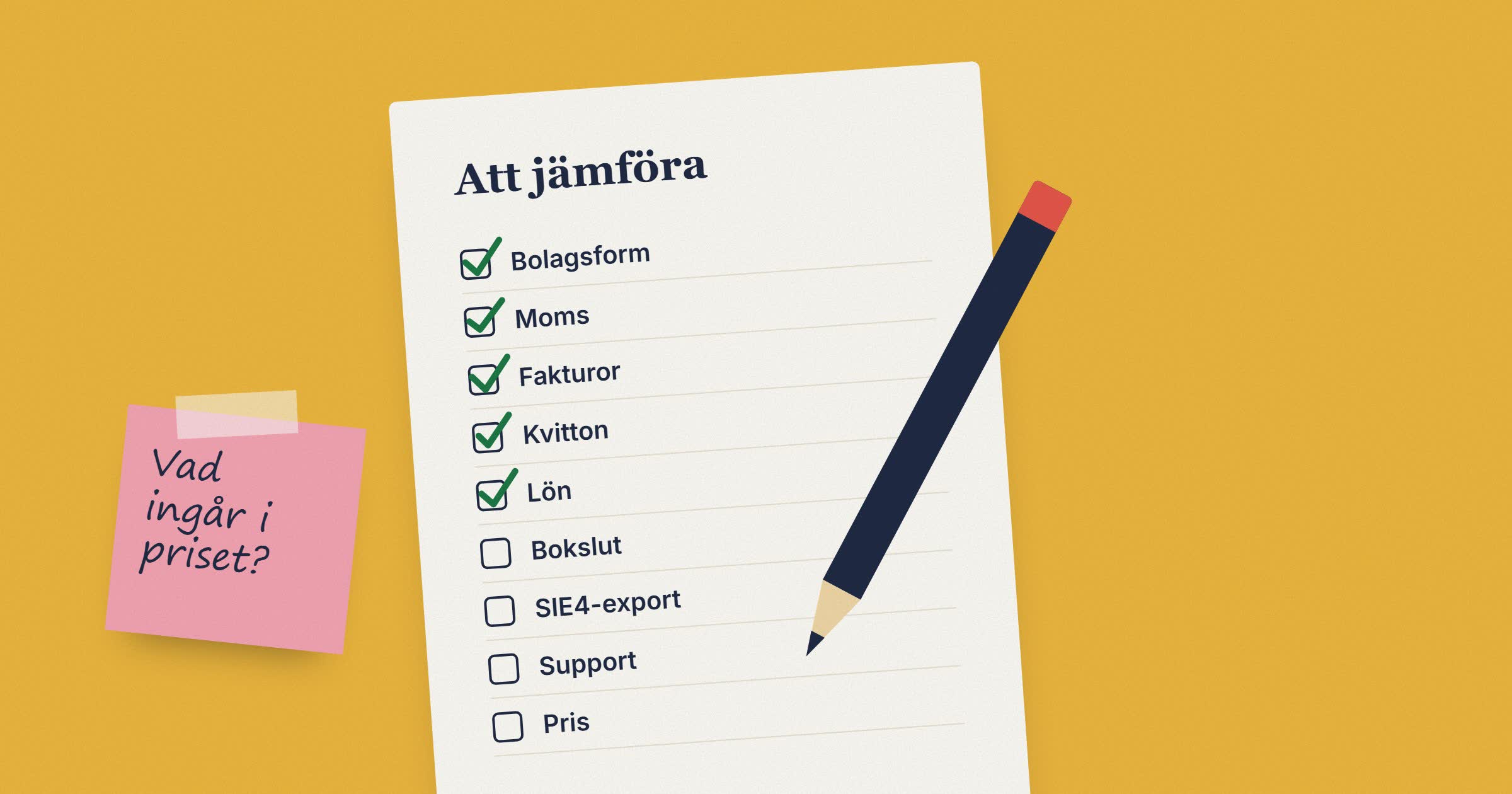 Tecknad checklista med saker att jämföra, en blyertspenna och en lapp som frågar vad som ingår i priset