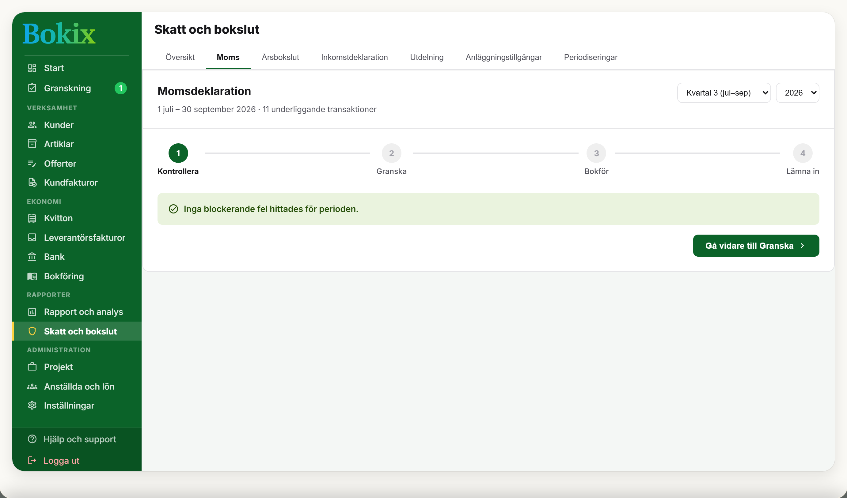 Skärmbild av momsdeklarationen i Bokix: kontrollera, granska, bokför och lämna in, steg för steg